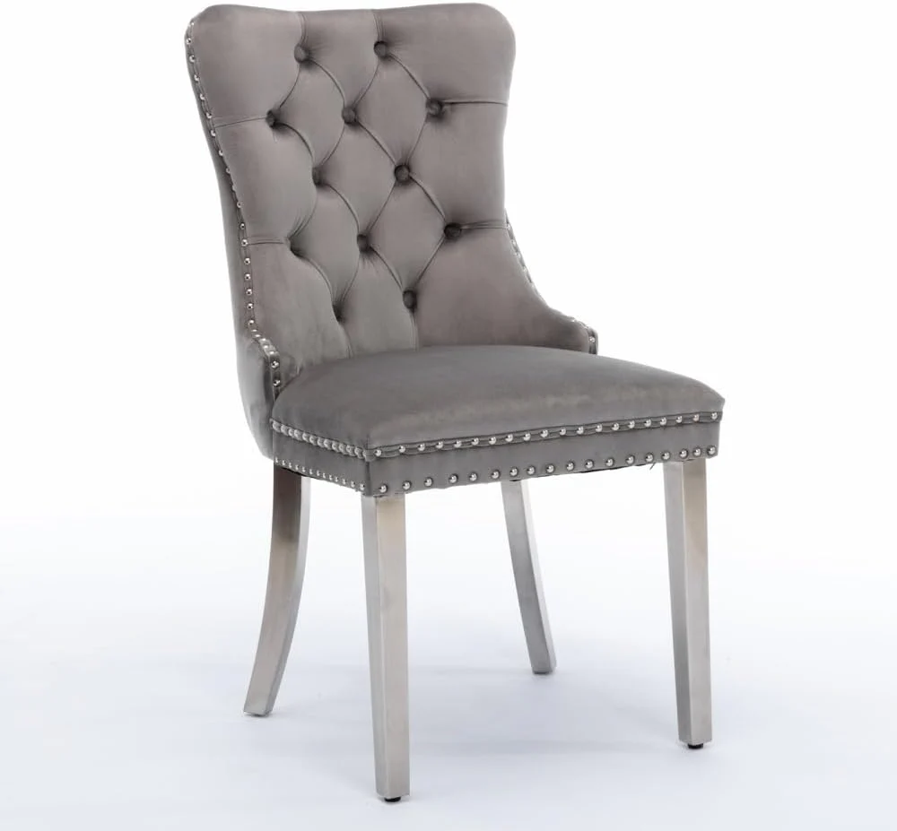 High-end Tufted Solid Wood Contemporary Velvet Upholstered Dining Chair (Gray + Velvet + Foam)