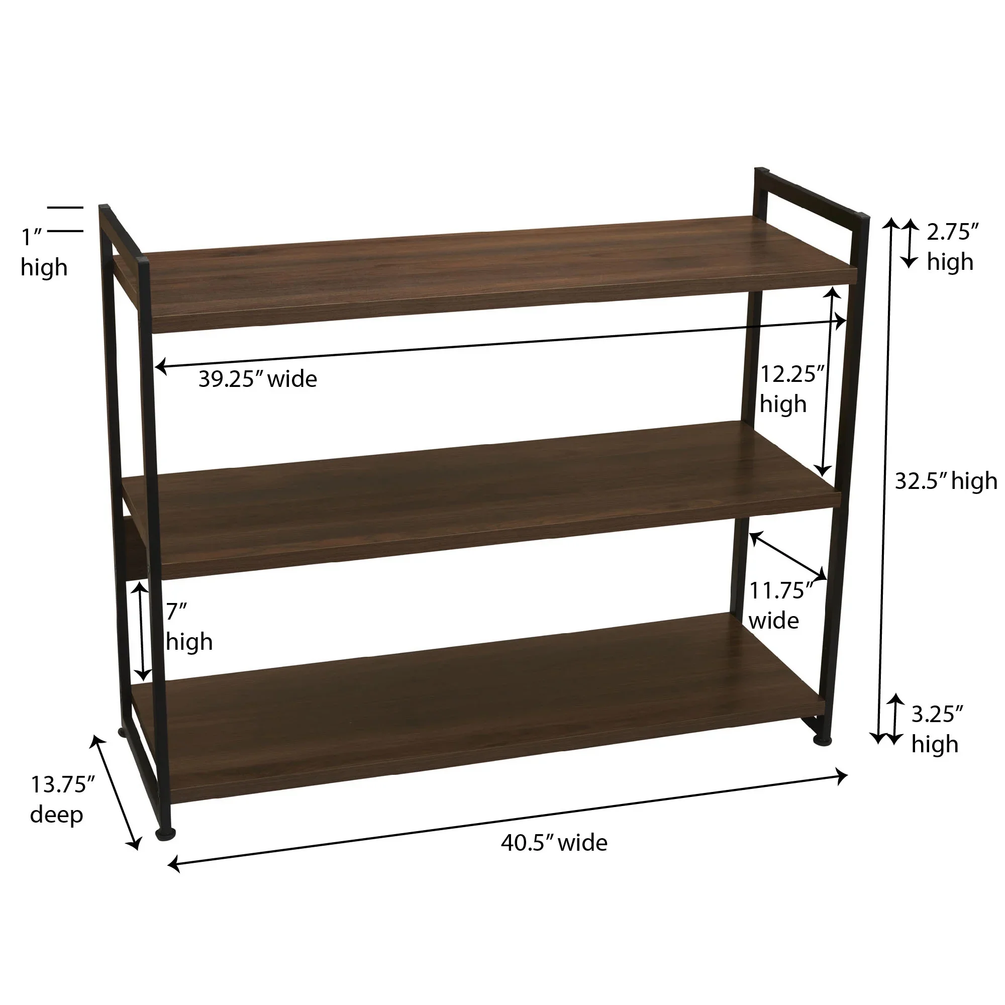 Jamestown Wide 3 Shelf Open Storage Bookshelf Mid Century Walnut Wood Grain and Black Metal - Image 5