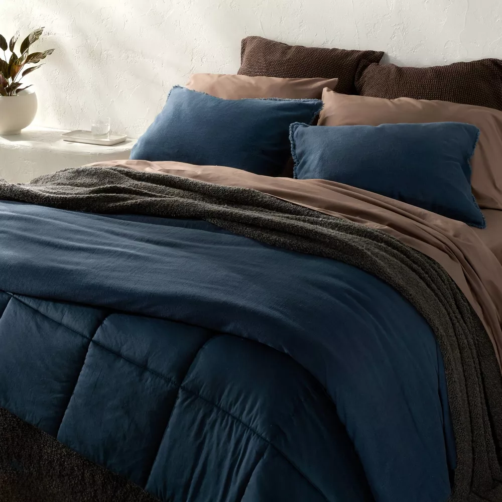 King Heavyweight Linen Blend Comforter and Sham Set Dark Mineral Blue - Image 4