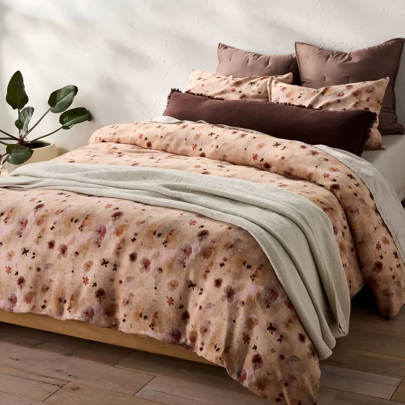 Heavyweight Linen Blend Duvet Cover and Sham Set Pressed Floral Print King - Image 5