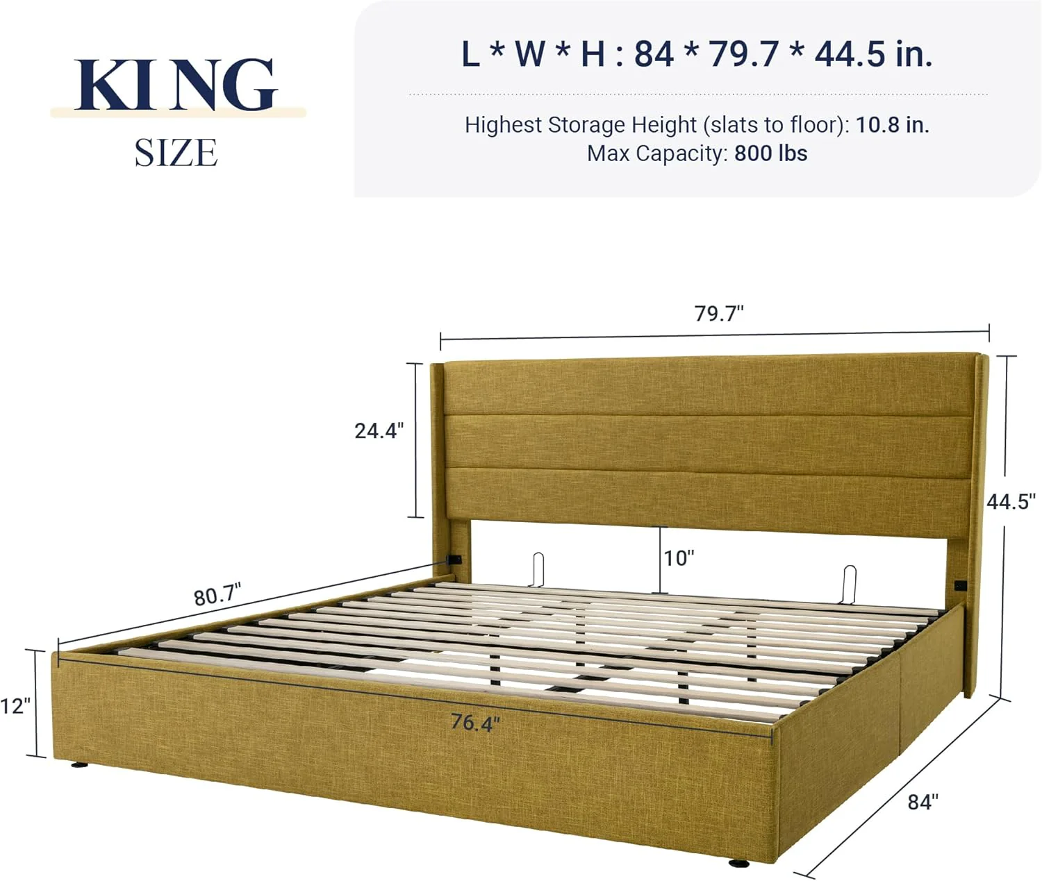 Lift Up Storage Bed, Modern Wingback Headboard, Olive Yellow, King - Image 2