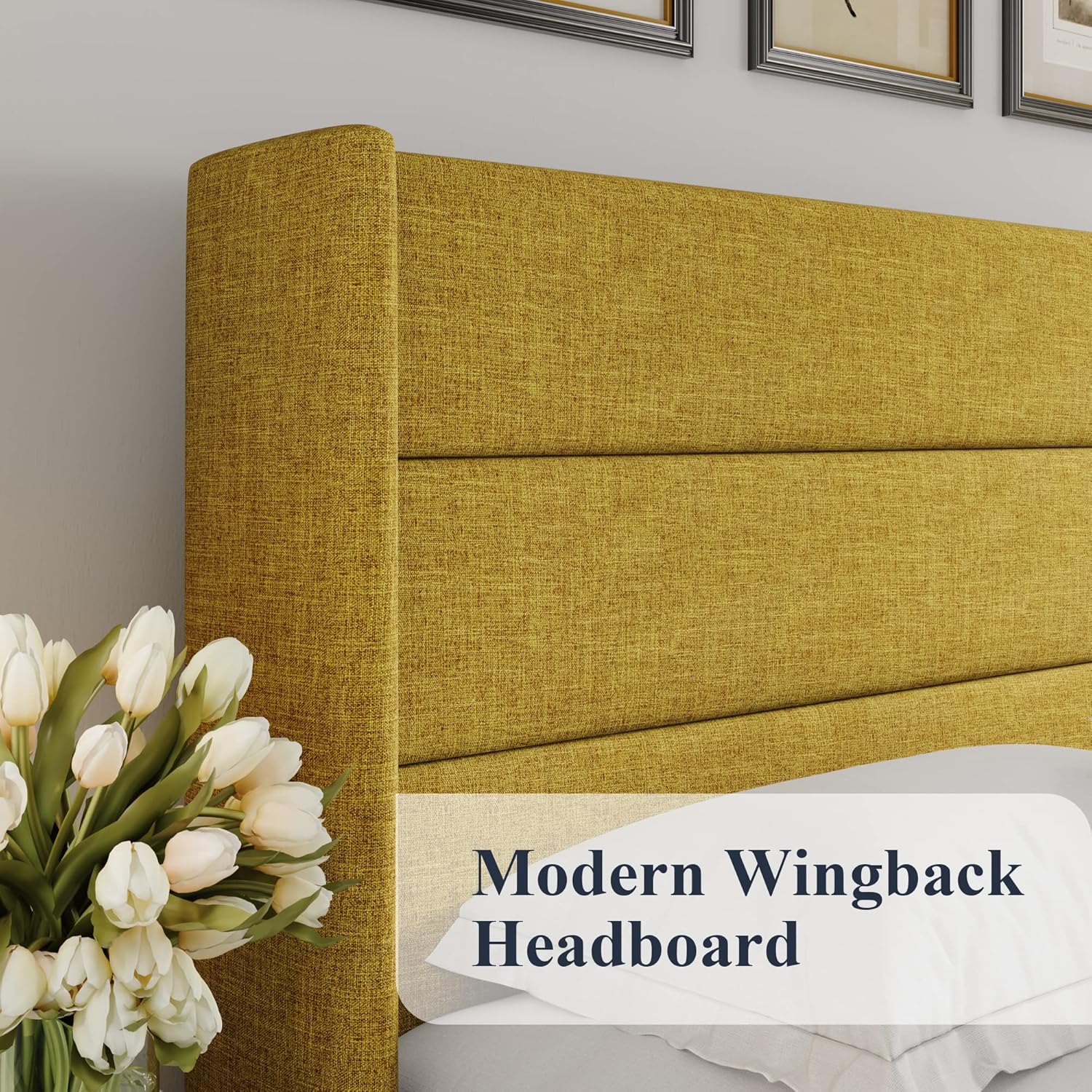 Lift Up Storage Bed, Modern Wingback Headboard, Olive Yellow, King - Image 4