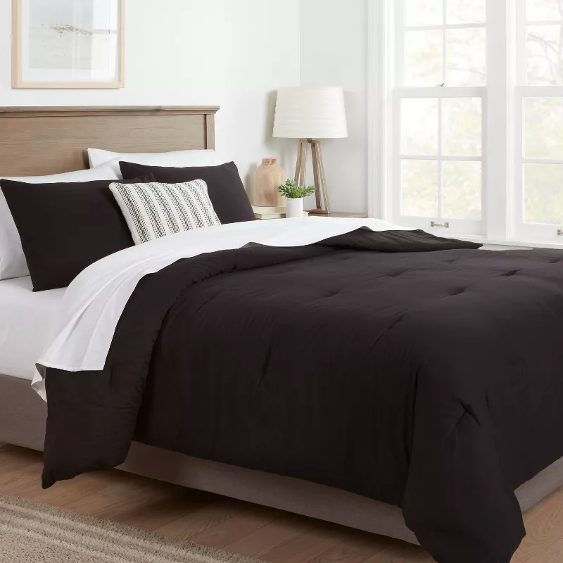 3-Piece Washed Cotton Sateen Comforter and Sham Set Black King