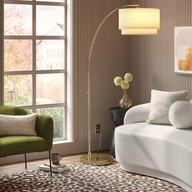 Knurled Metal Arc Floor Lamp with Tiered Shade Brass - Image 4