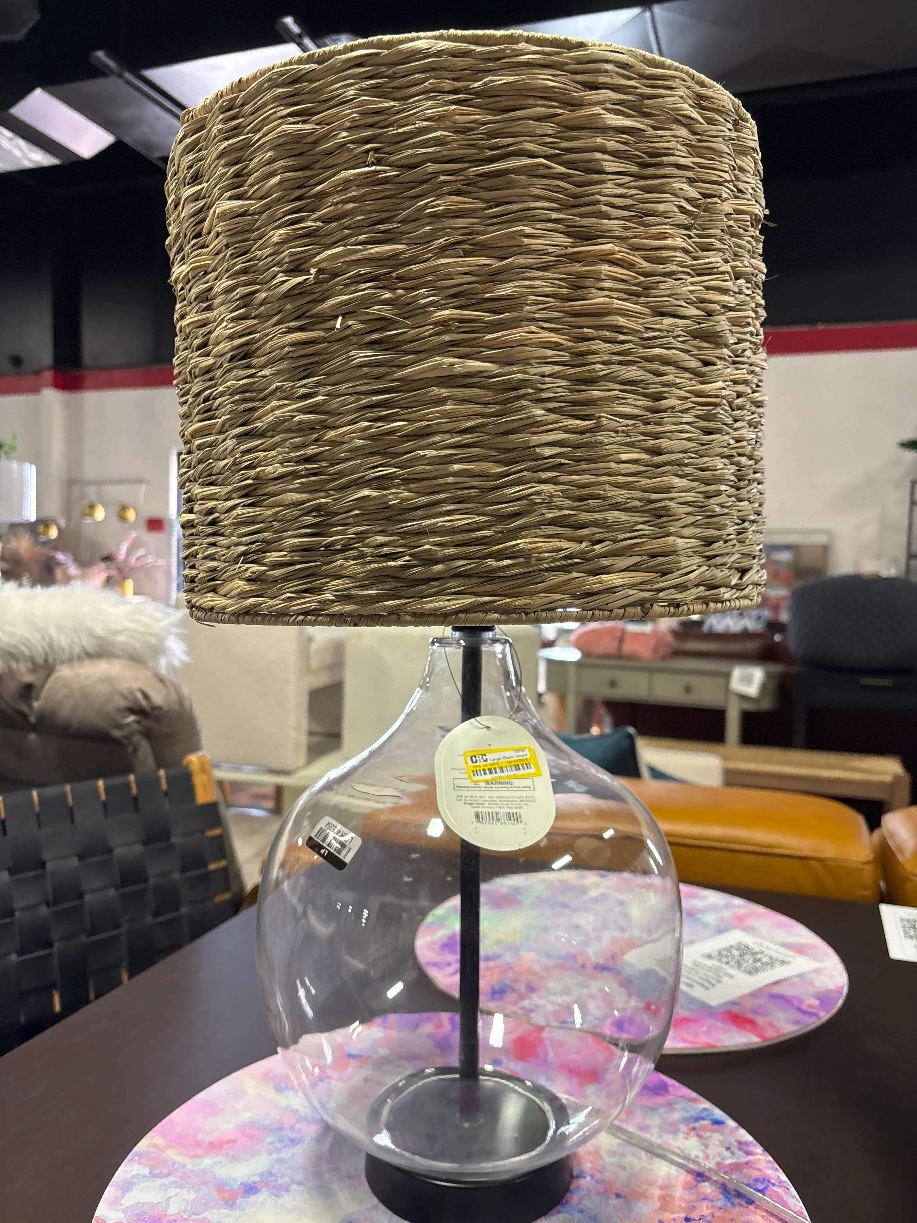 Large Glass Gourd Table Lamp-Rattan Shade SHOWROOM ITEM - Image 2