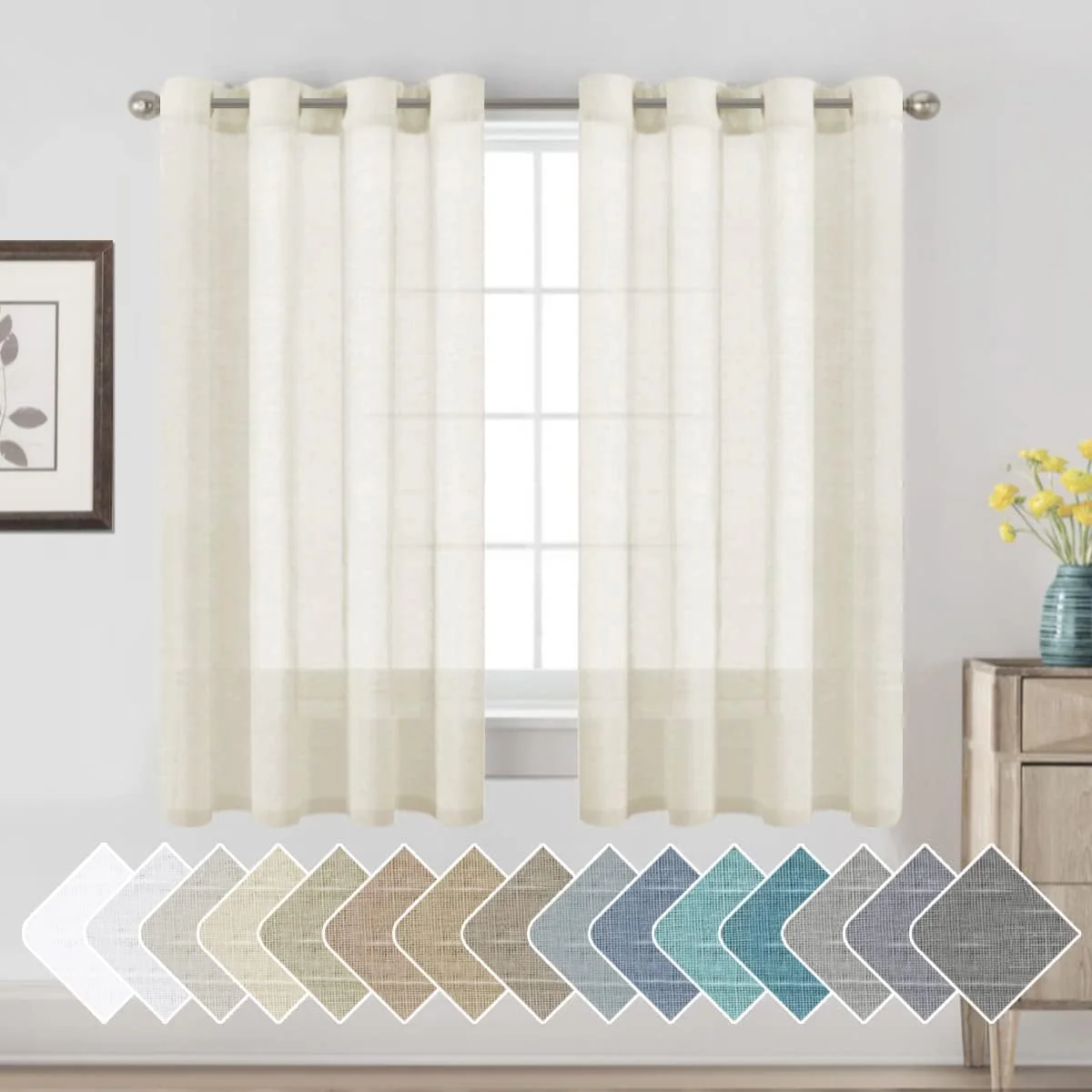 Linen Curtains Flax Linen Blended Curtain 2 Panels Set, Ivory