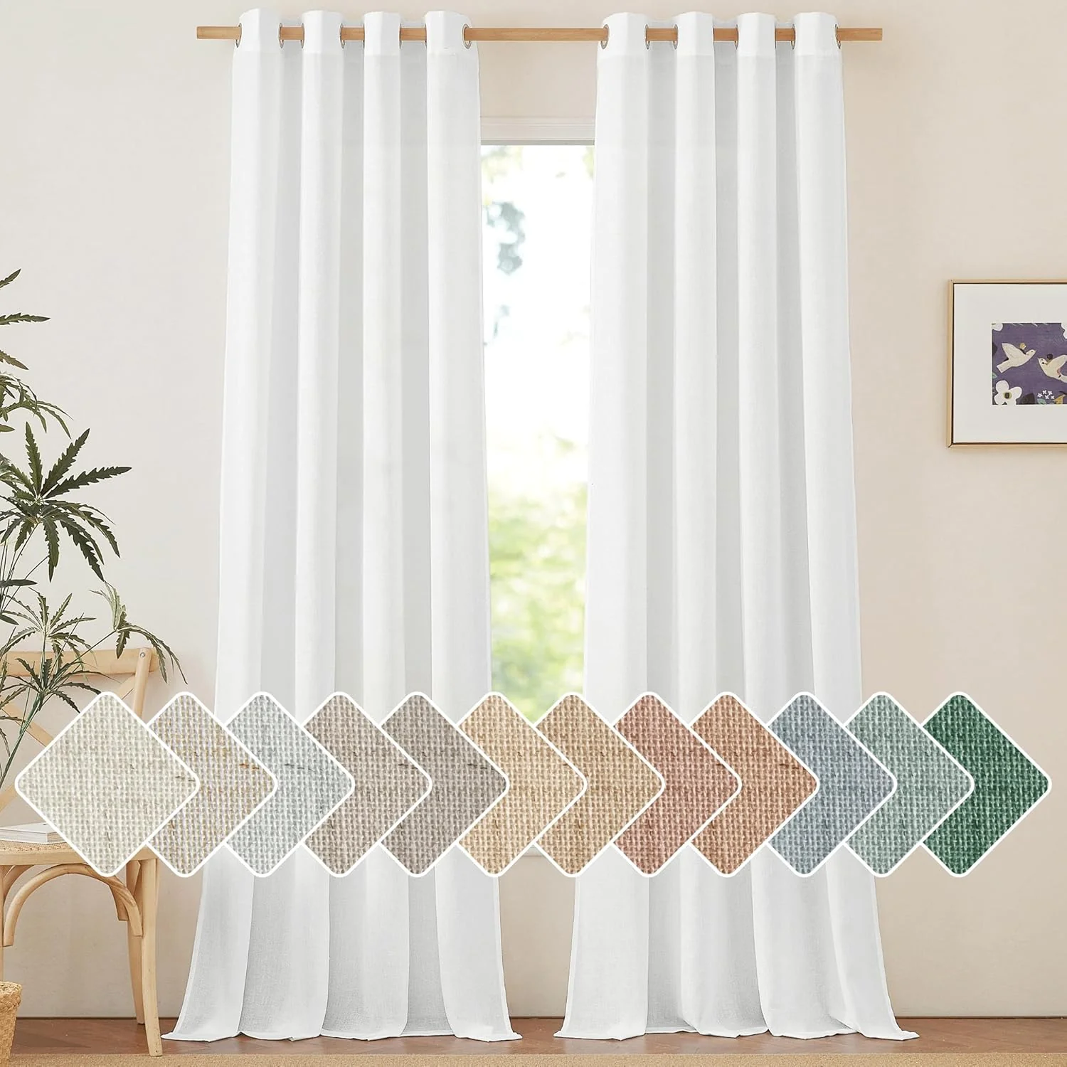Linen White Curtains, Grommet Thick Linen Flax Drapes, 2 Panels