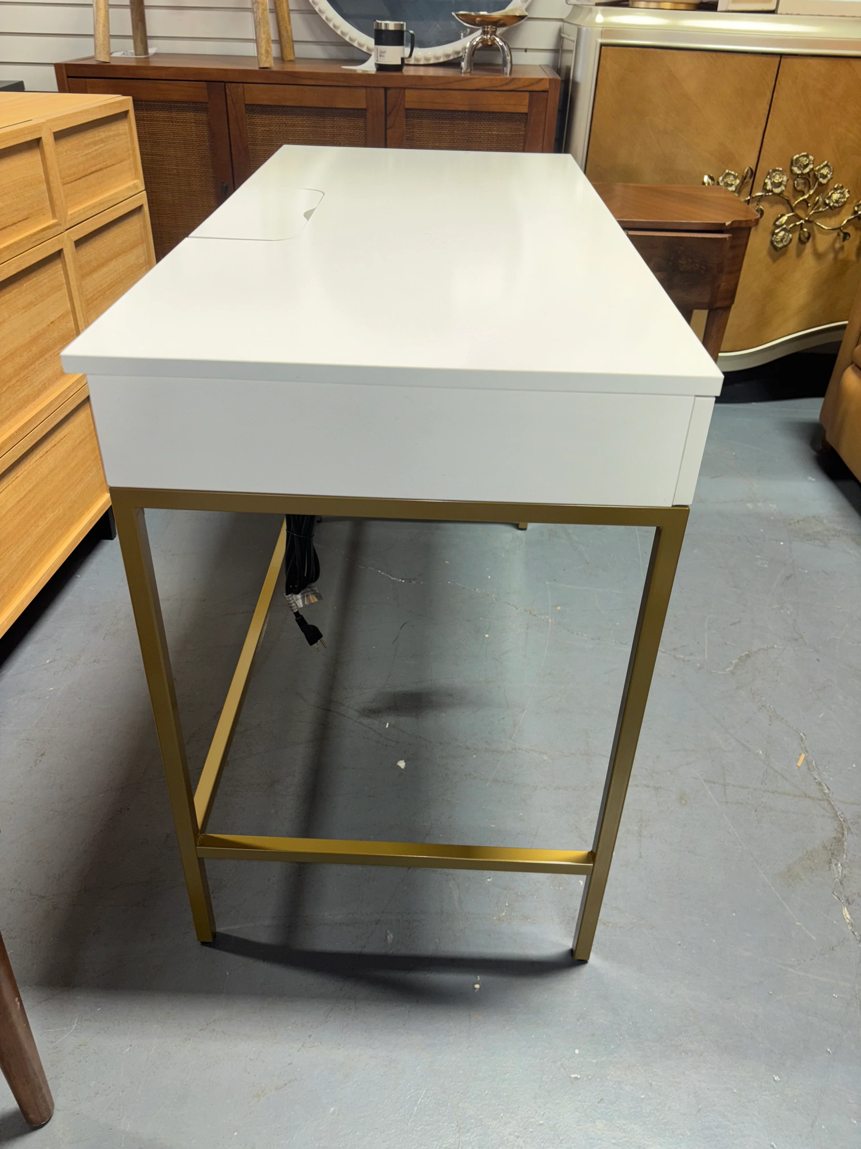 Loring Wood Writing Desk with Drawers and Charging Station White/Gold SHOWROOM ITEM - Image 2