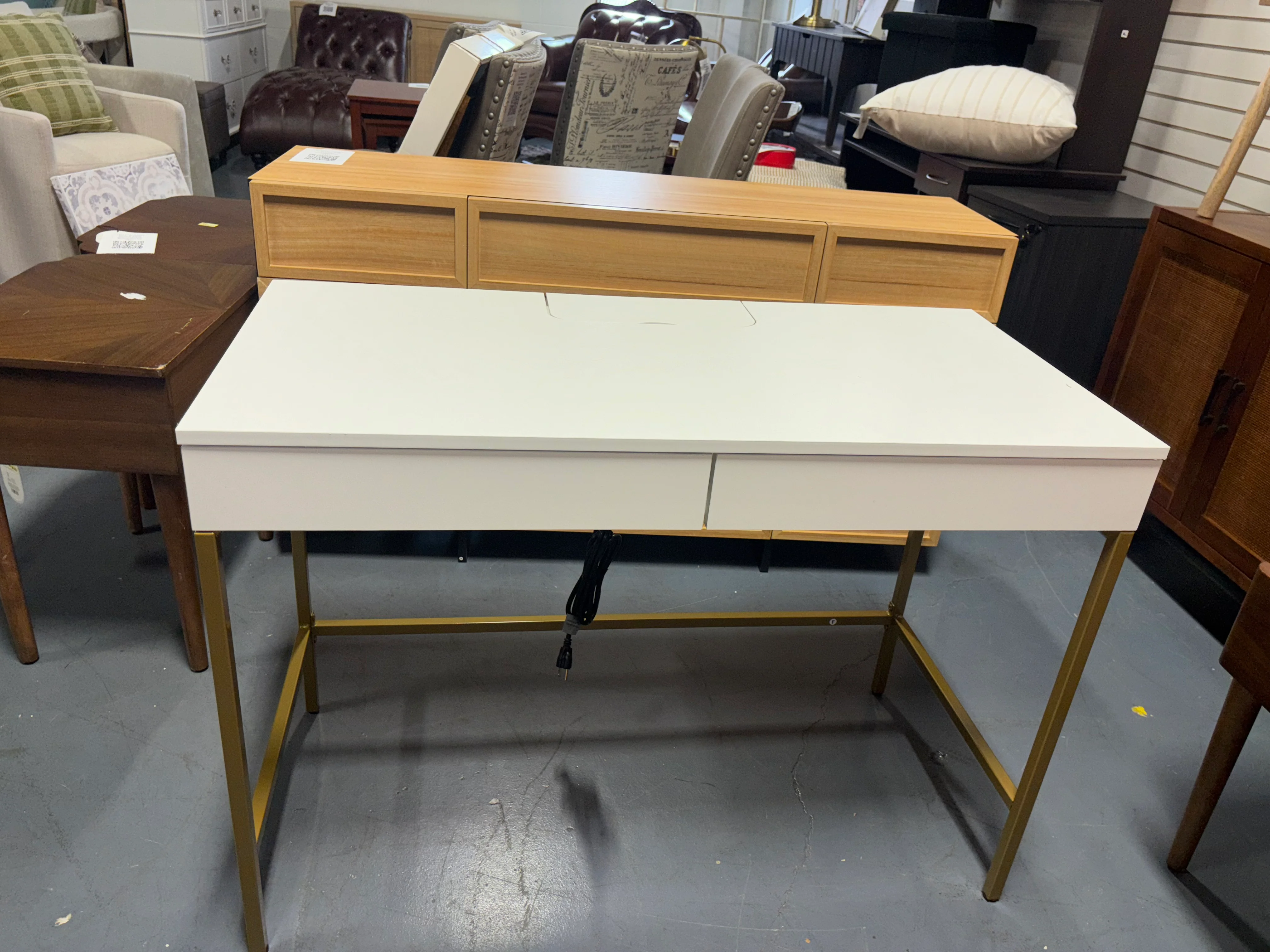 Loring Wood Writing Desk with Drawers and Charging Station White/Gold SHOWROOM ITEM - Image 3