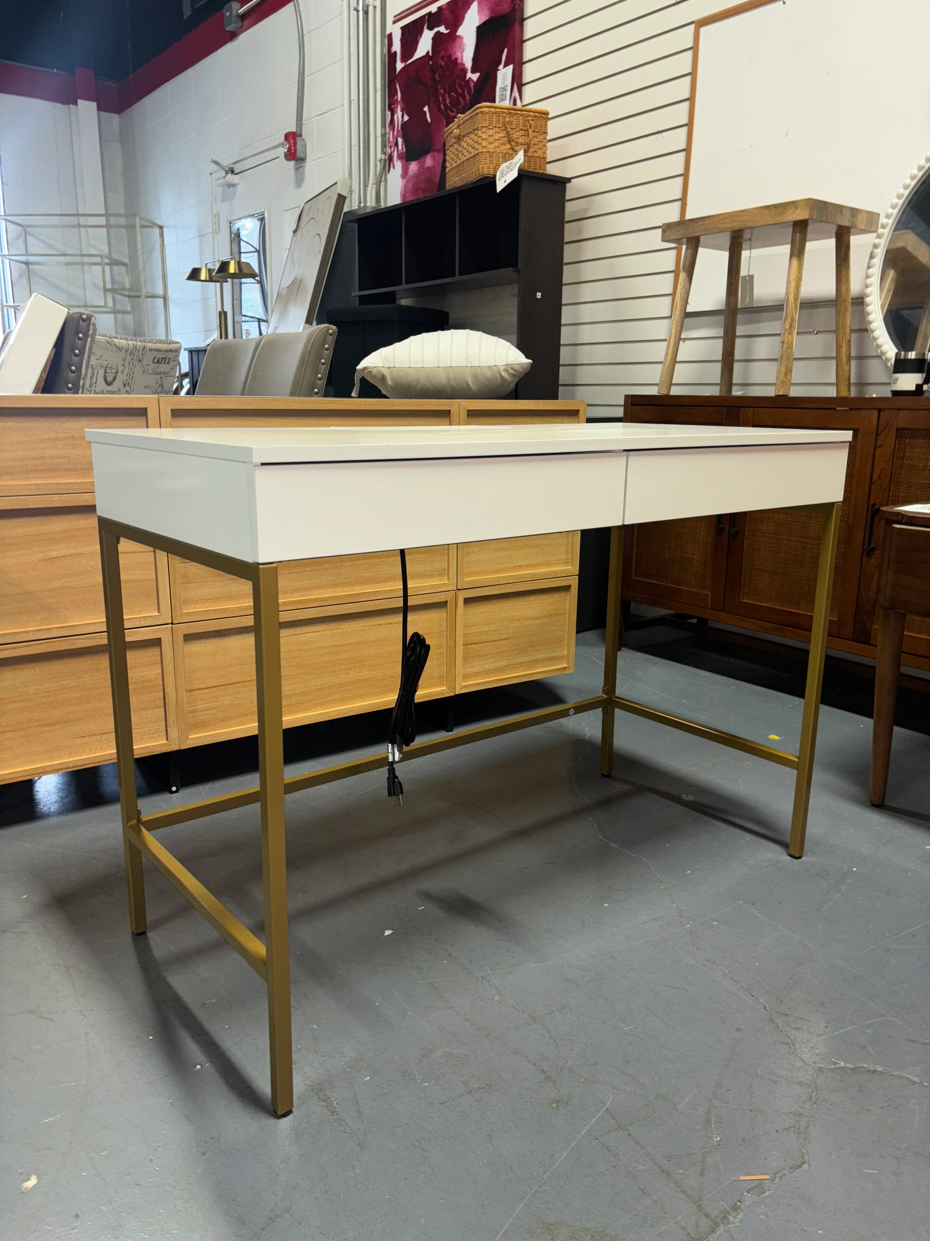 Loring Wood Writing Desk with Drawers and Charging Station White/Gold SHOWROOM ITEM - Image 6