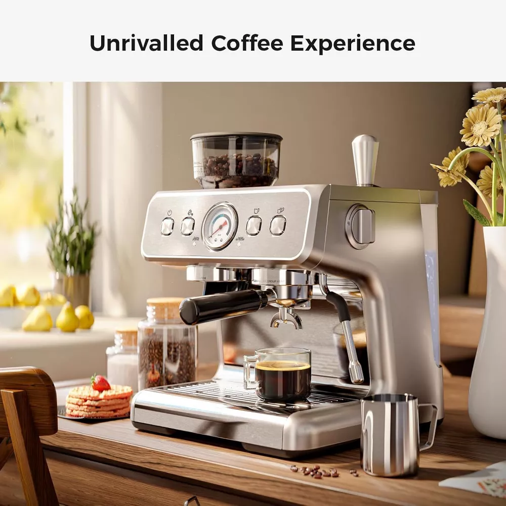 Machines with grinder, 20 Bar Professional Espresso Maker, Stainless Steel - Image 2