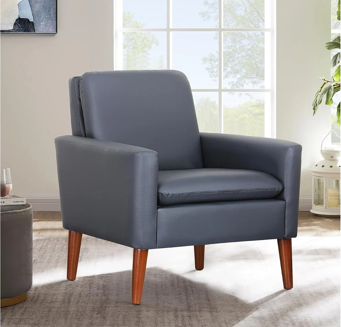 Modern Blue Faux Leather Accent Arm Chair Upholstered 30" Wide SHOWROOM ITEM