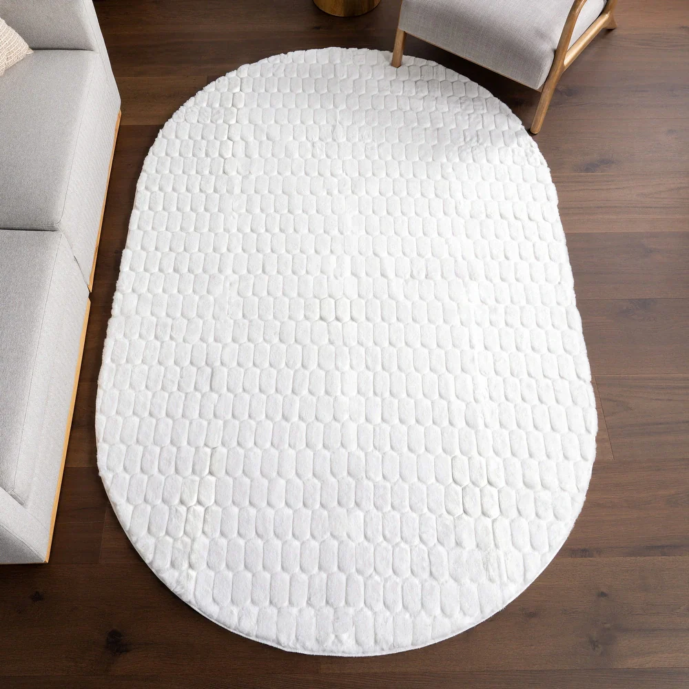 Nia SuperiorWash Tile Faux Rabbit Machine Washable Area Rug - White - Oval - 5' x 7' 6", - Image 2