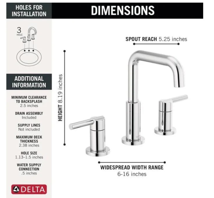 Nicoli 2-Handle Bathroom Faucet in Chrome, - Image 3