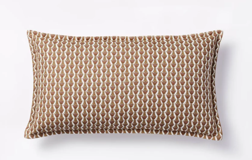 Oblong Wood Block Floral Decorative Throw Pillow Camel/Mauve - Threshold™ designed with Studio McGee: Rayon & Linen, Indoor Use SHOWROOM ITEM