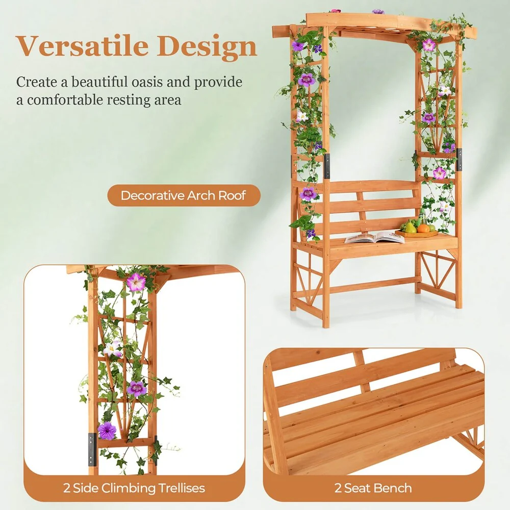 Patio Garden Arbor with Pergola Bench 2 Trellises for Climbing - Image 3