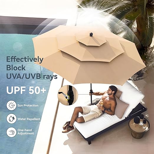 Patio Umbrellas, Outdoor 3 Tier Vented Large Market Table Umbrella with 8 Sturdy Ribs and 1.5" Umbrellla Pole for Lawn Poolside Garden Terrace, Beige(No Base) - Image 2