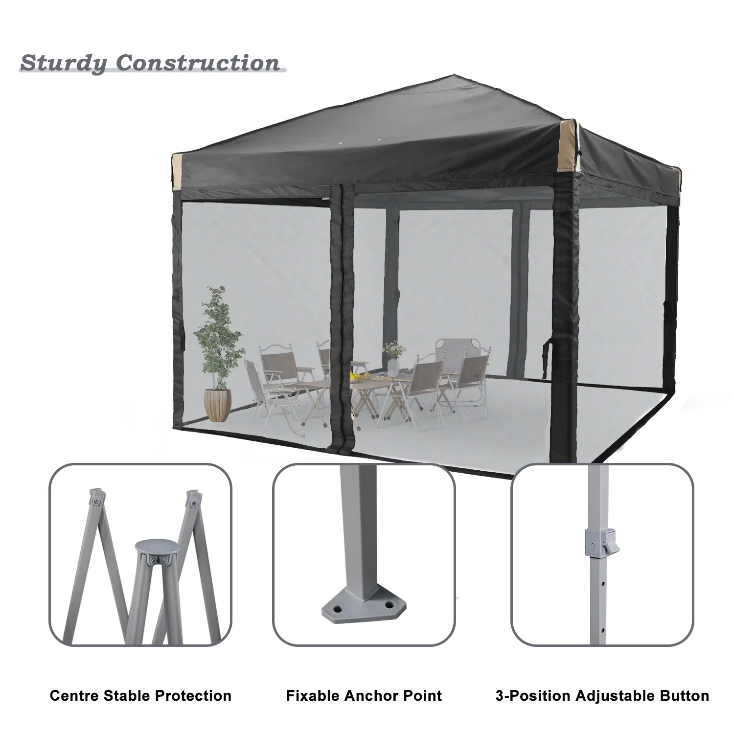 Pop Up Canopy Tent with Removable Mesh Sidewall, with Roller Bag-Black - Image 5