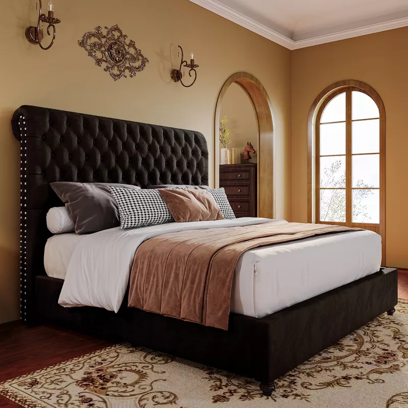Upholstered Platform Bed with Sleigh Headboard, Black Queen - Image 2