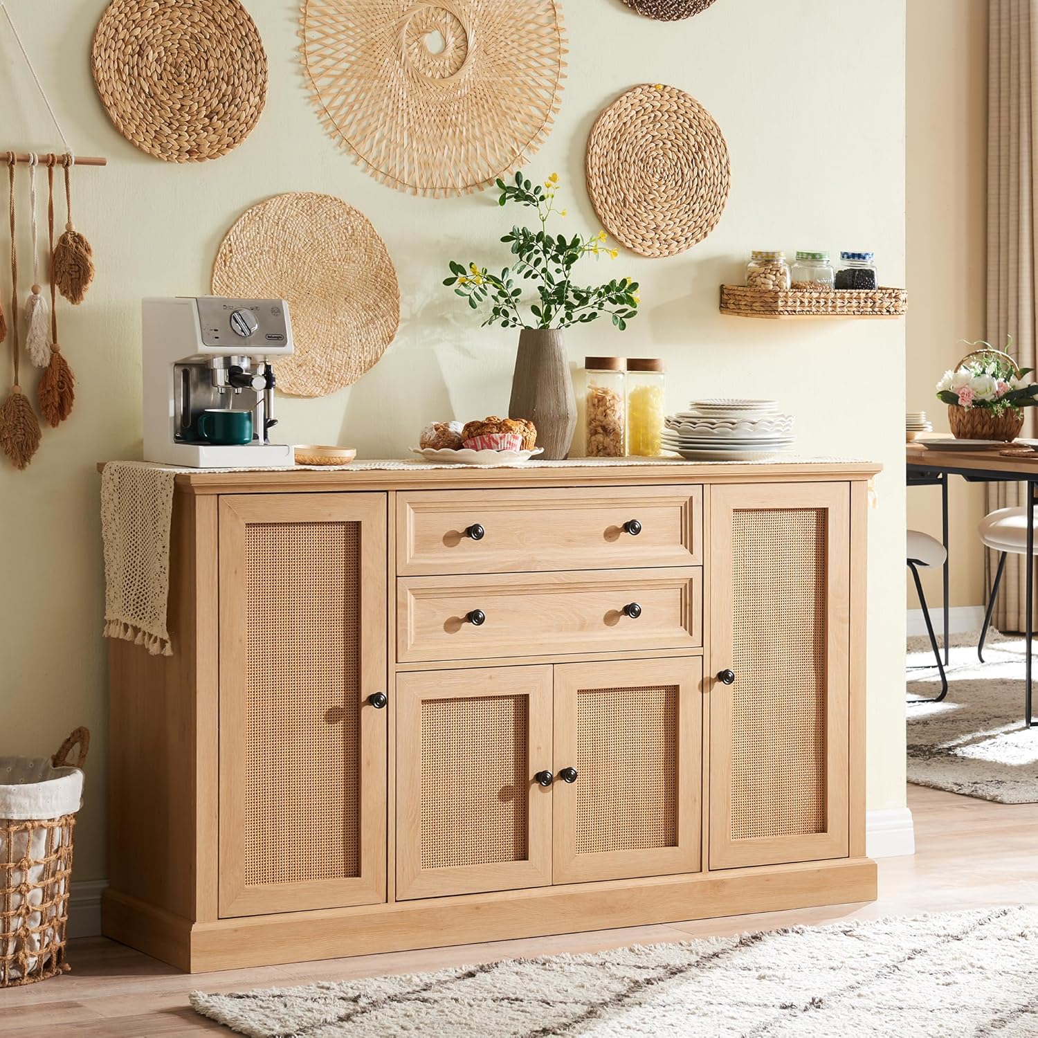 Rattan Buffet Cabinet, Coffee Bar Cabinet with Storage, Sideboard Buffets Cabinet w/4 Rattan Doors and 2 Drawers, Natural - Image 3