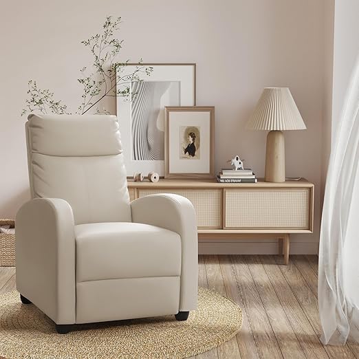 Recliner Chair, Sofa for Adults, Home Theater Seating with Lumbar Support (Leather, Beige) - Image 4