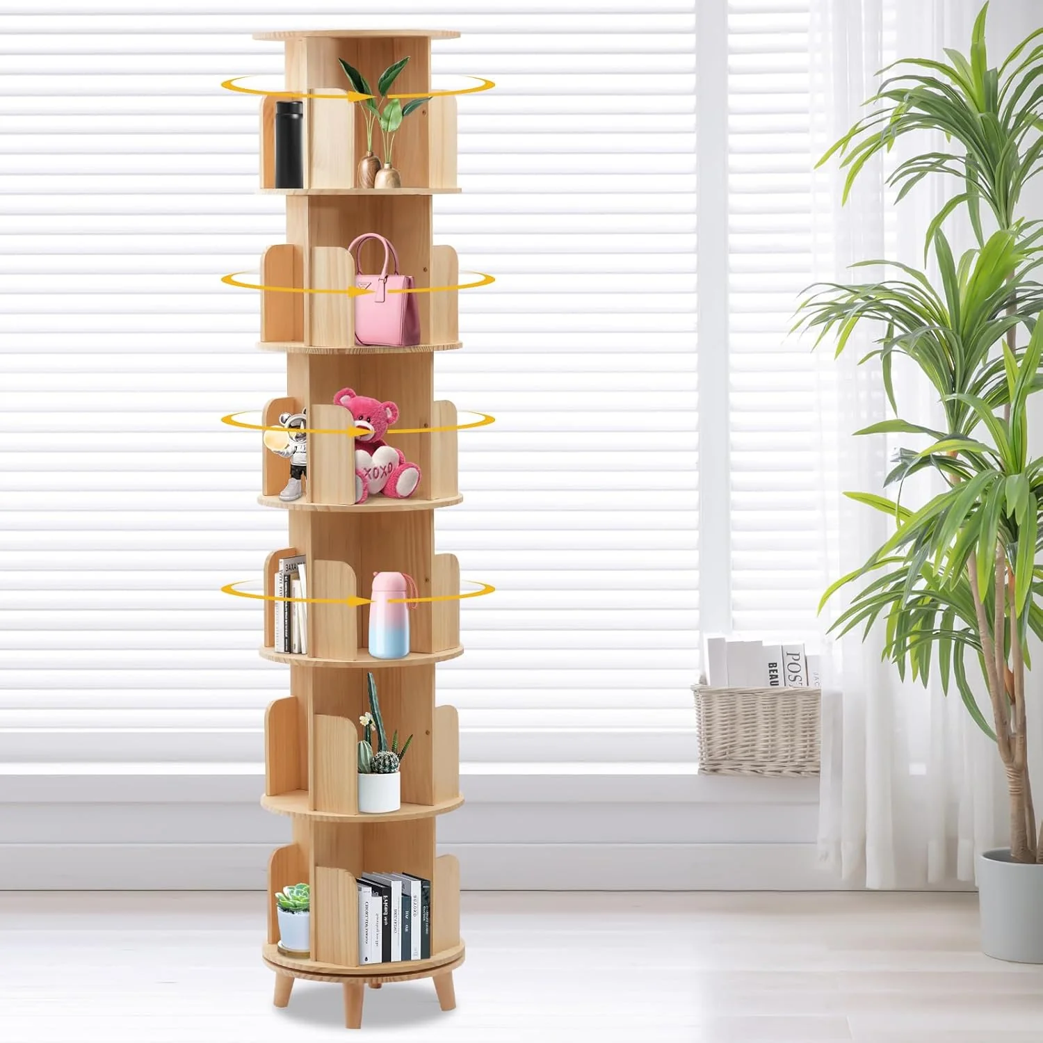 Revolving Bookstand Cylindrical Bookshelf Floor Standing Solid Wood - Image 5