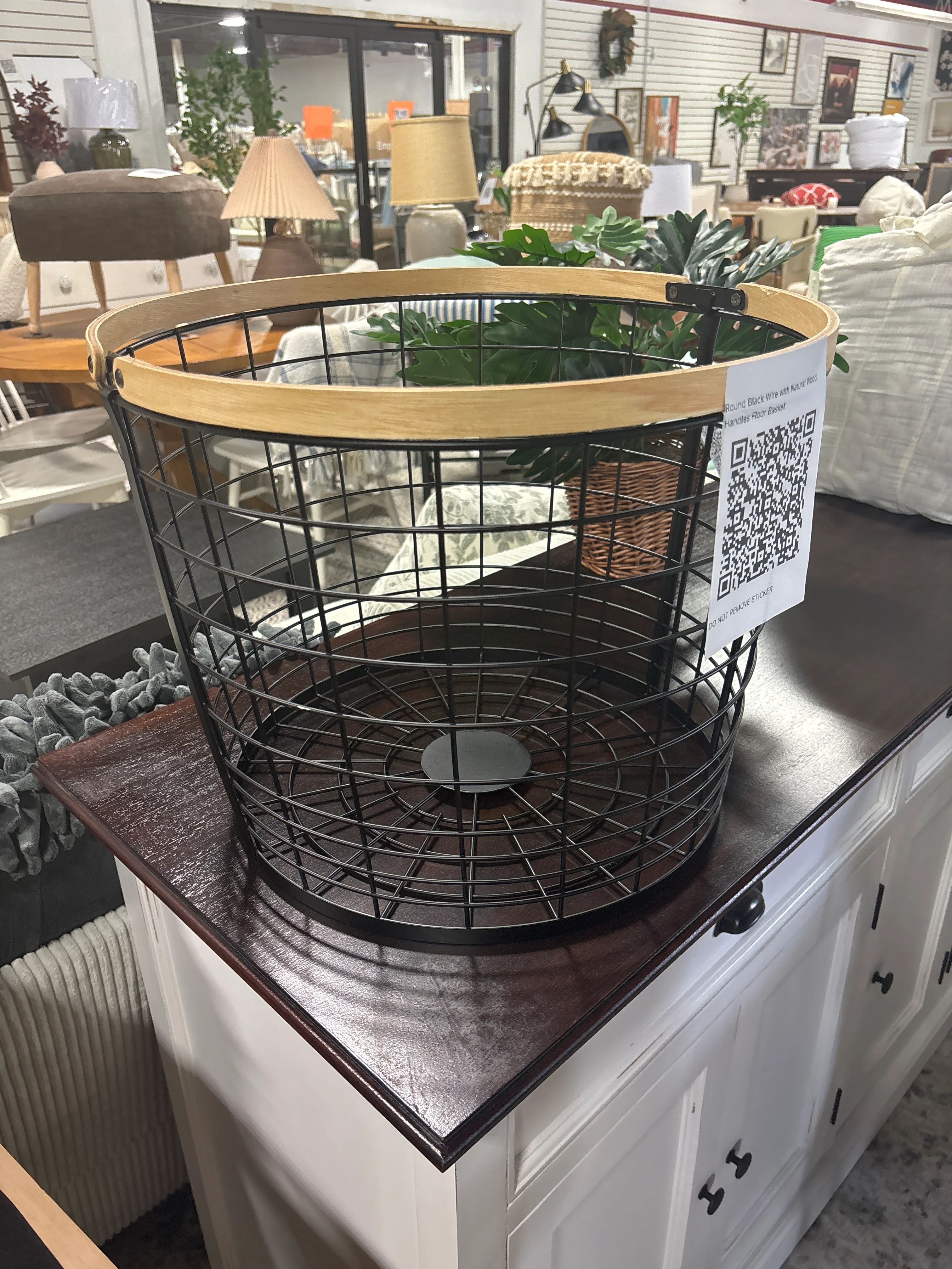 Round Black Wire with Natural Wood Handles Floor Basket SHOWROOM ITEM - Image 2