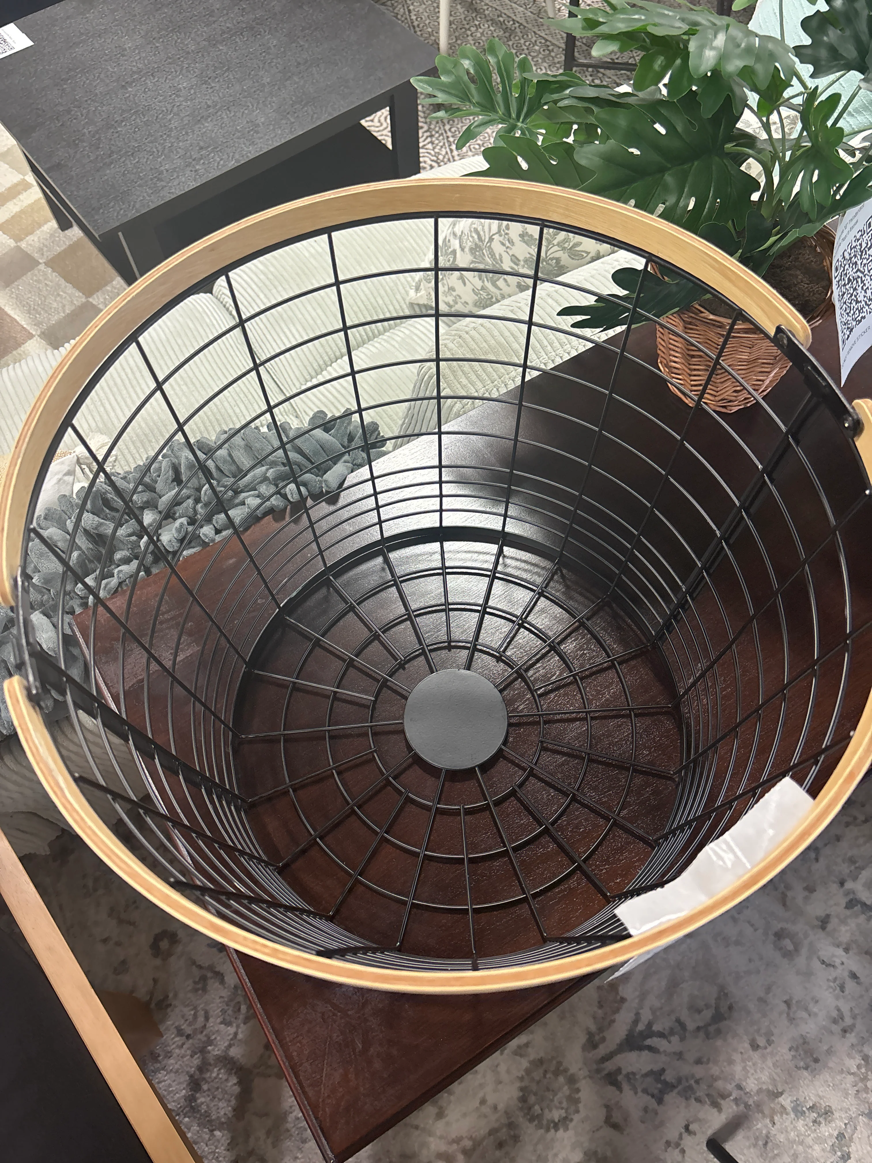 Round Black Wire with Natural Wood Handles Floor Basket SHOWROOM ITEM - Image 3