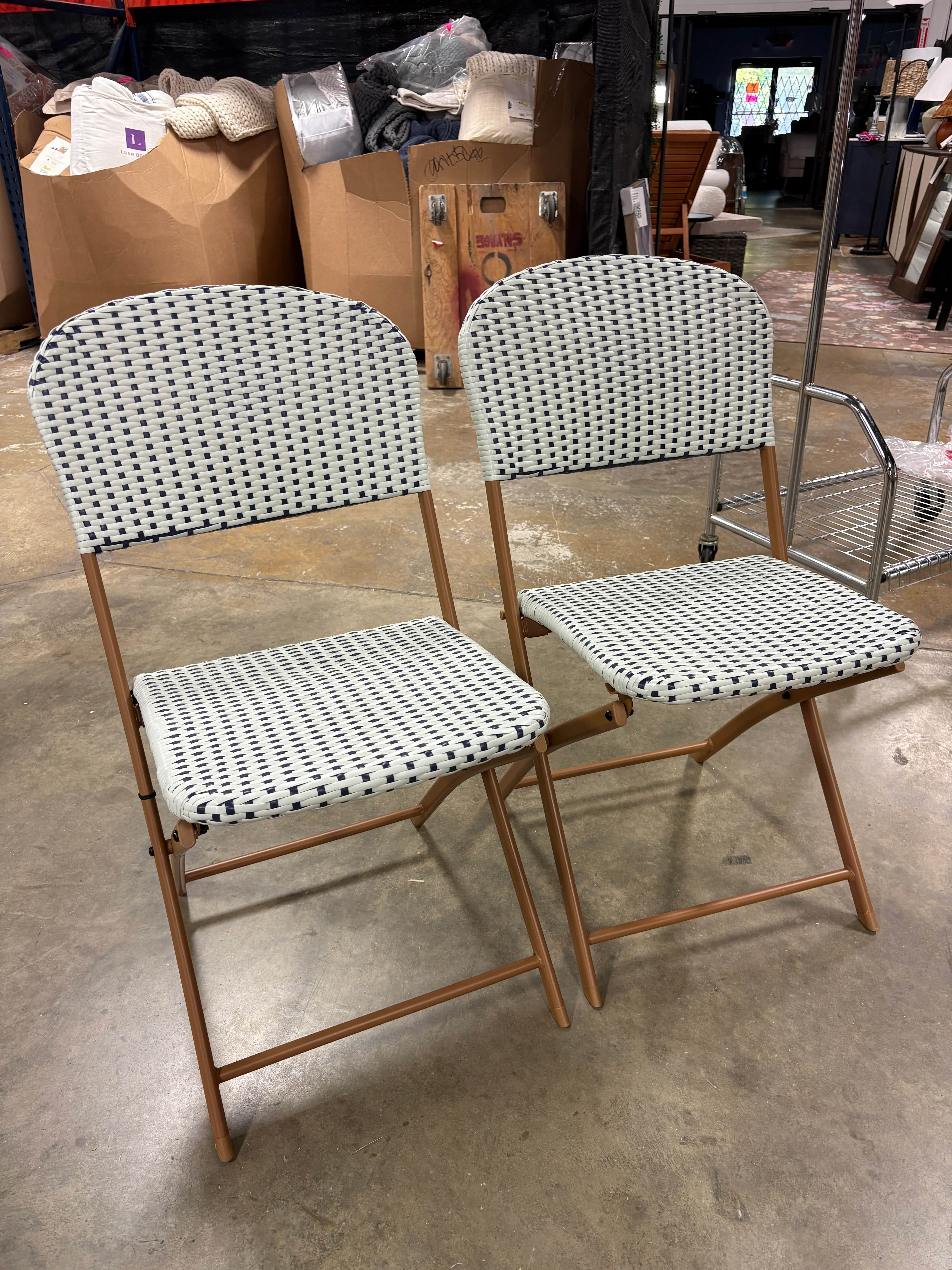 SET OF 2 French Cafe Outdoor Folding Patio Accent Armless Chair Beige SHOWROOM ITEM - Image 2