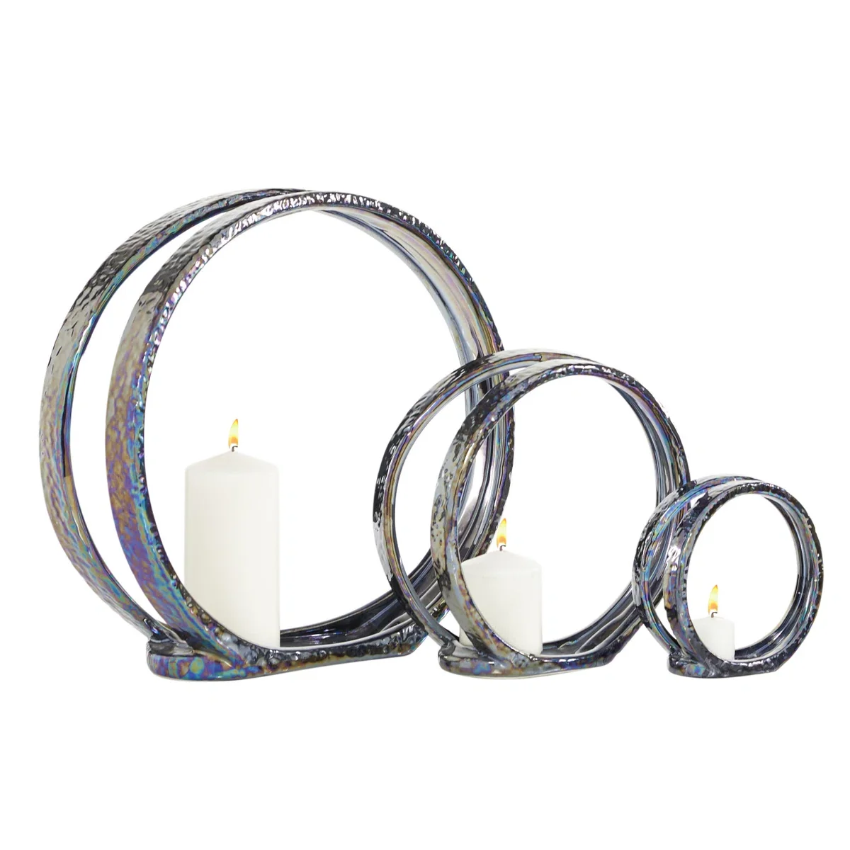 (Set of 3) Ceramic Pillar Decorative Silver Candle Holder Set SHOWROOM ITEM