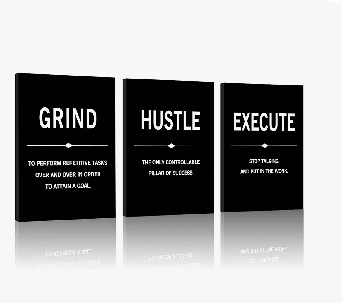Set Of 3 Motivational Wall Art Canvas For Office Workplace Garage Gym Living Room Bedroom Grind Hustle Execute Black And White Wall Decor Inspirational Quotes Posters For Paintings(Framed,12X16) SHOWROOM ITEM