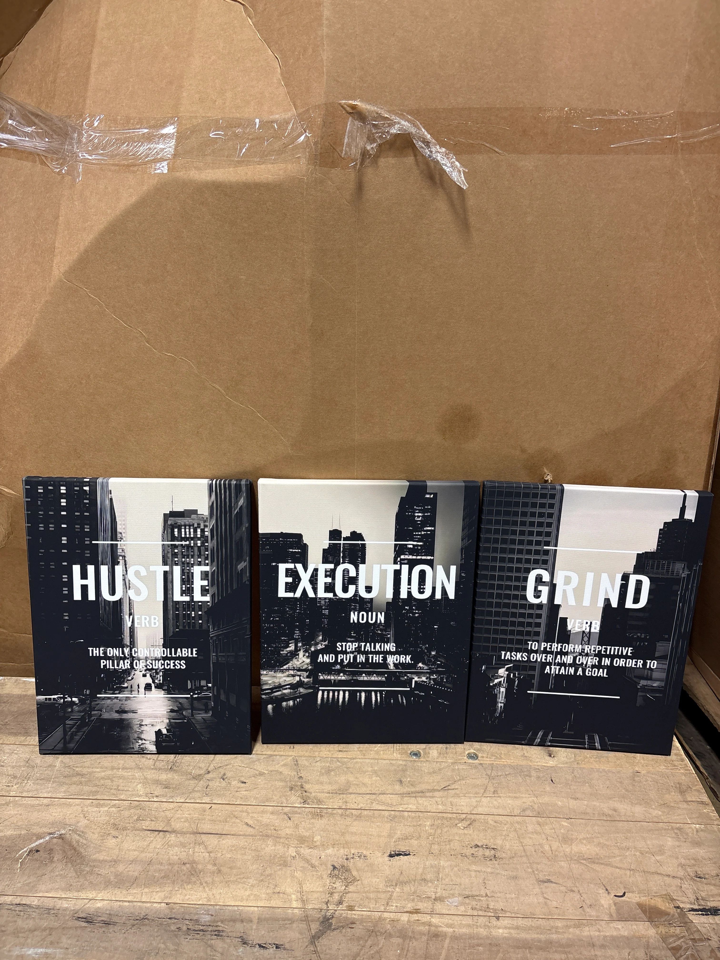 Set Of 3 Motivational Wall Art Canvas For Office Workplace Garage Gym Living Room Bedroom Grind Hustle Execute Black And White Wall Decor Inspirational Quotes Posters For Paintings(Framed,12X16) SHOWROOM ITEM - Image 2