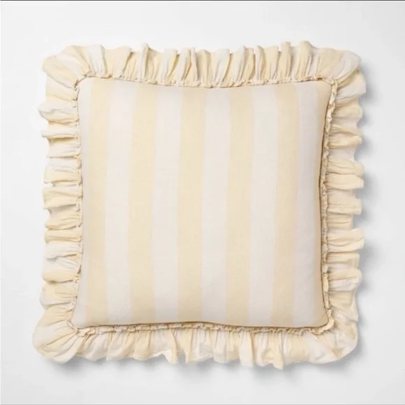 Square Pillow Big Stripe with Ruffle Pale Yellow & Cream SHOWROOM ITEM