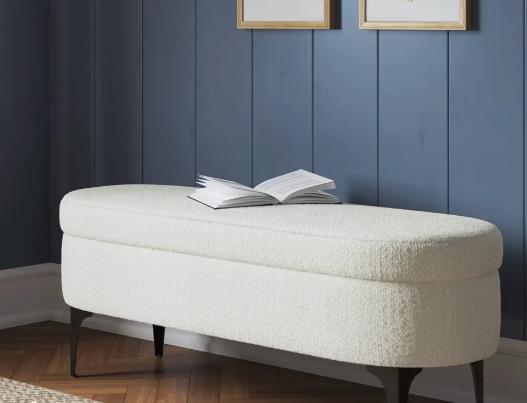 Storage Bench with Metal Legs Cream Boucle - Threshold™: Upholstered, for Bedroom, Entryway Fully Assembled SHOWROOM ITEM