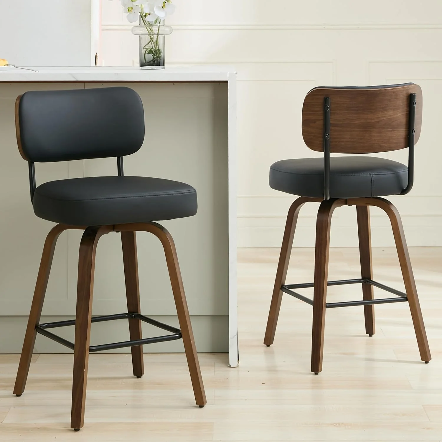 1-Piece Upholstered Counter Height Bar Stools with Back and Walnut Wood Legs
