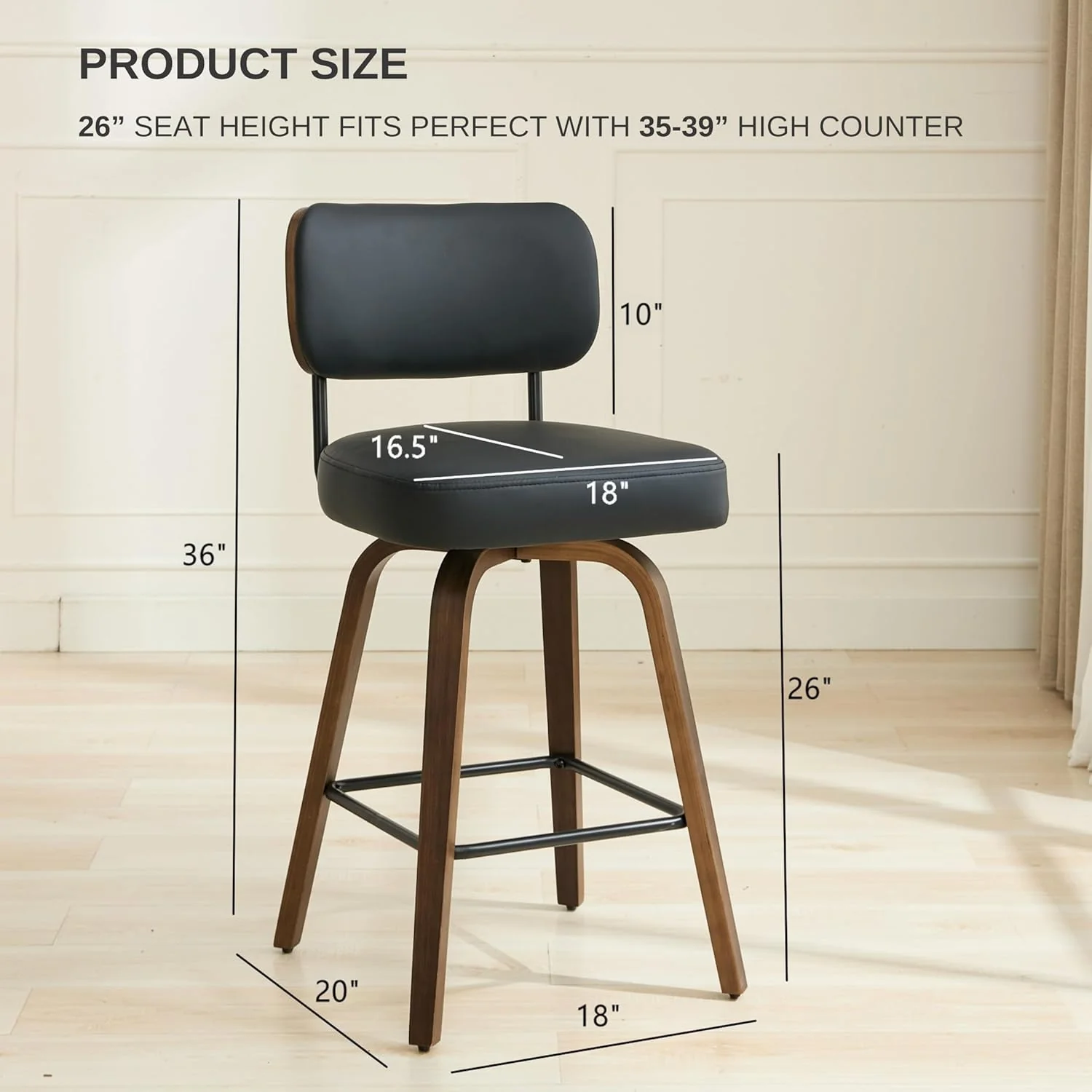 1-Piece Upholstered Counter Height Bar Stools with Back and Walnut Wood Legs - Image 3