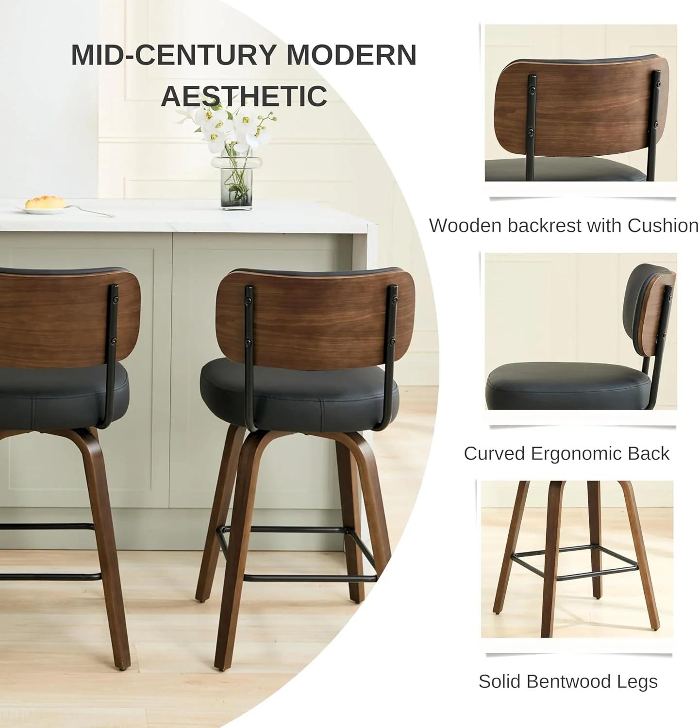 1-Piece Upholstered Counter Height Bar Stools with Back and Walnut Wood Legs - Image 4