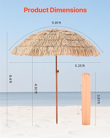 Tiki Umbrella, Thatched Patio with Tilt, Hawaiian Style Beach Parasol - Image 3