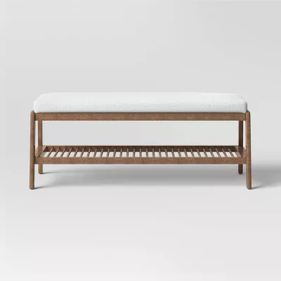 Upholstered Entry Bench with slatted Shelf Cream Boucle - Image 4