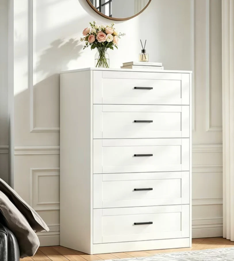 Winkalon White 5 Drawer Dresser, Chest of Drawers for Bedroom, Modern Storage Cabinet Dresser Organizer Unit with Handle for Living Room, Closet, Hallway SHOWROOM ITEM