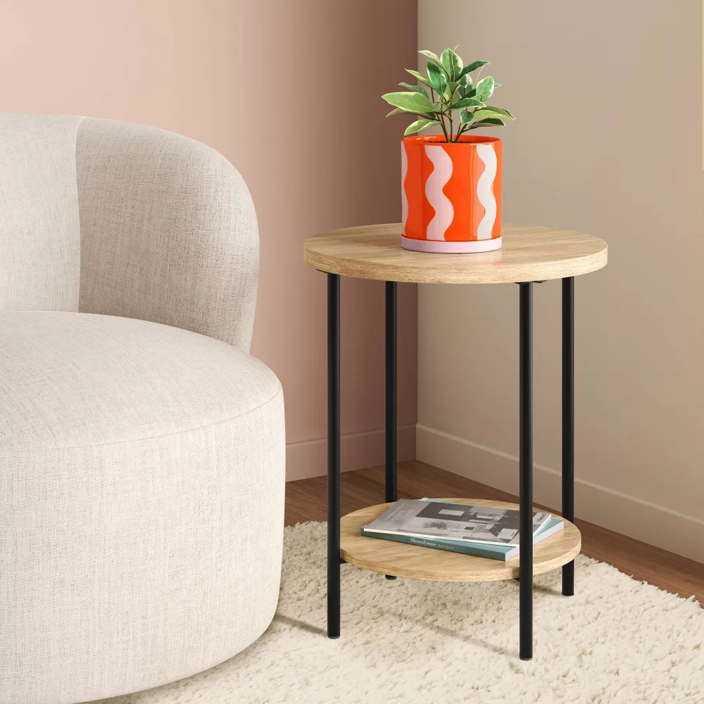 Wood and Metal Small Round Side Table Natural Finish - Image 5