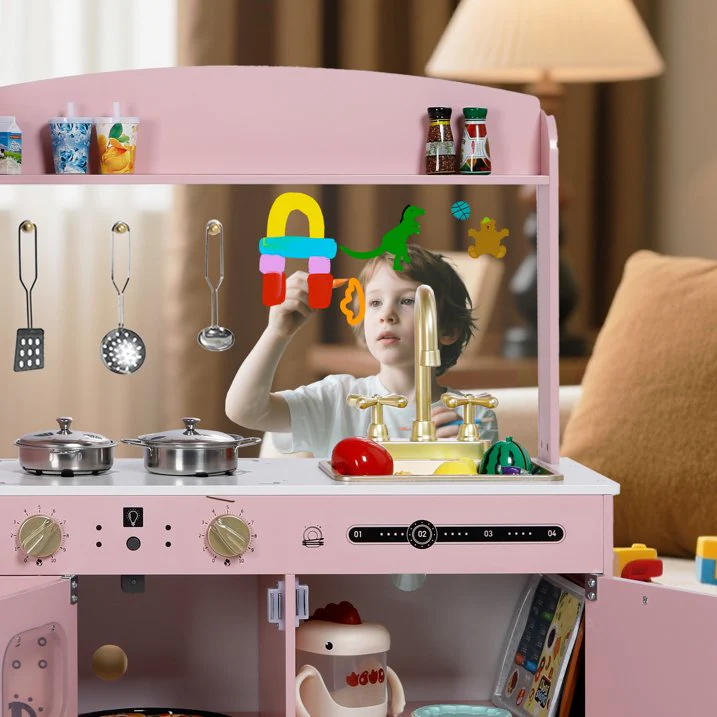 Wood Kids Play Kitchen, Pretend Playset, Pink - Image 3