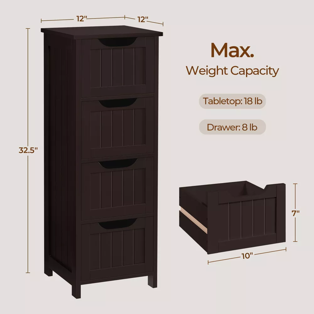 Wooden Bathroom Floor Cabinet Storage Organizer with 4 Drawers Espresso - Image 4